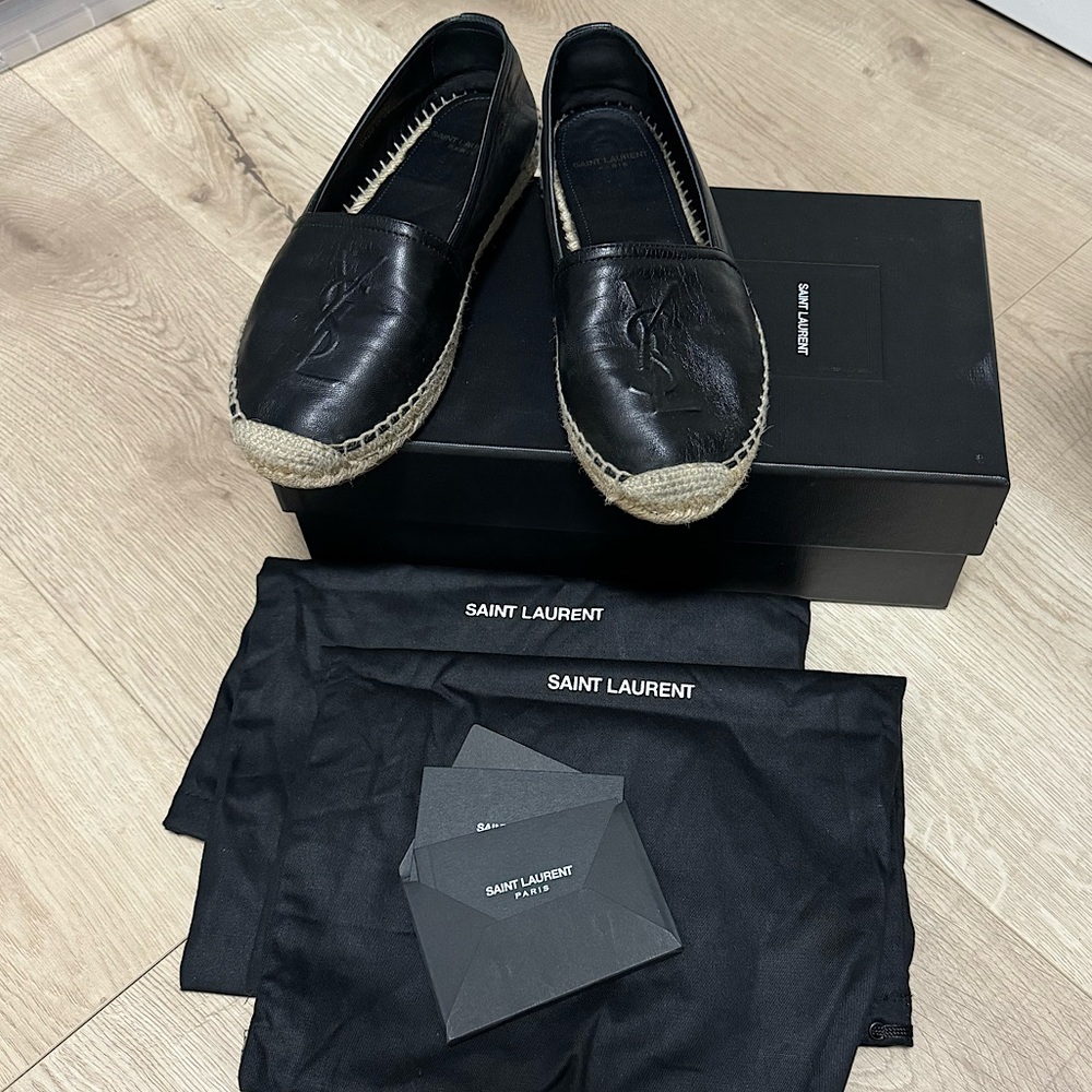 Saint Laurent Embossed-Logo Leather Espadrilles